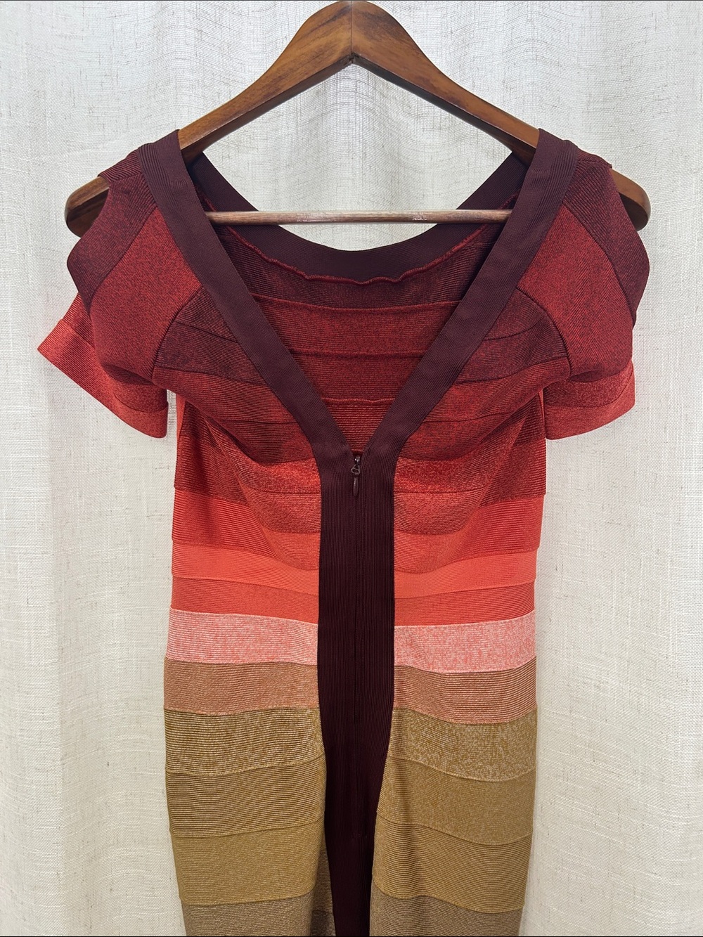 Herve Leger Signature Bandage Striped Ombre Dress in Burgundy, Coral & Tan - Picture 7 of 15